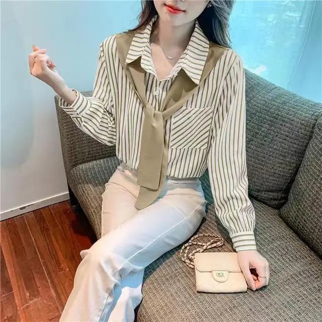 Damen Bluse mit Streifen Lässiger Kragen Weiß