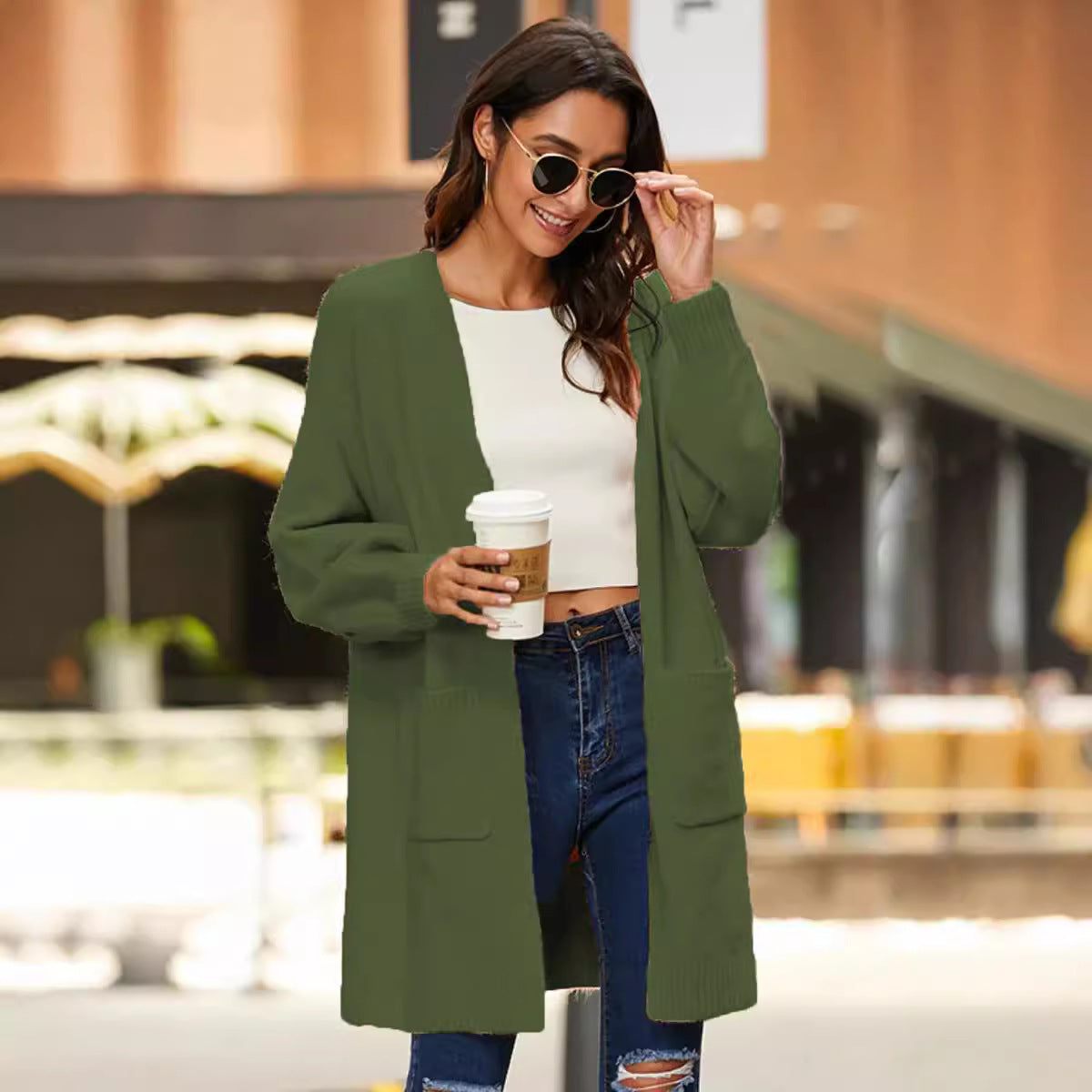 Damen Grobstrick Cardigan mit Taschen und weiten Ärmeln Beige