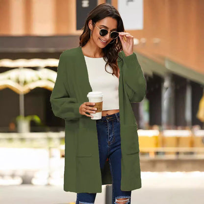 Damen Grobstrick Cardigan mit Taschen und weiten Ärmeln Beige