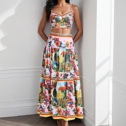 Damen Zweiteiler Romantisch Cropped-Oberteil Schwingender Rock