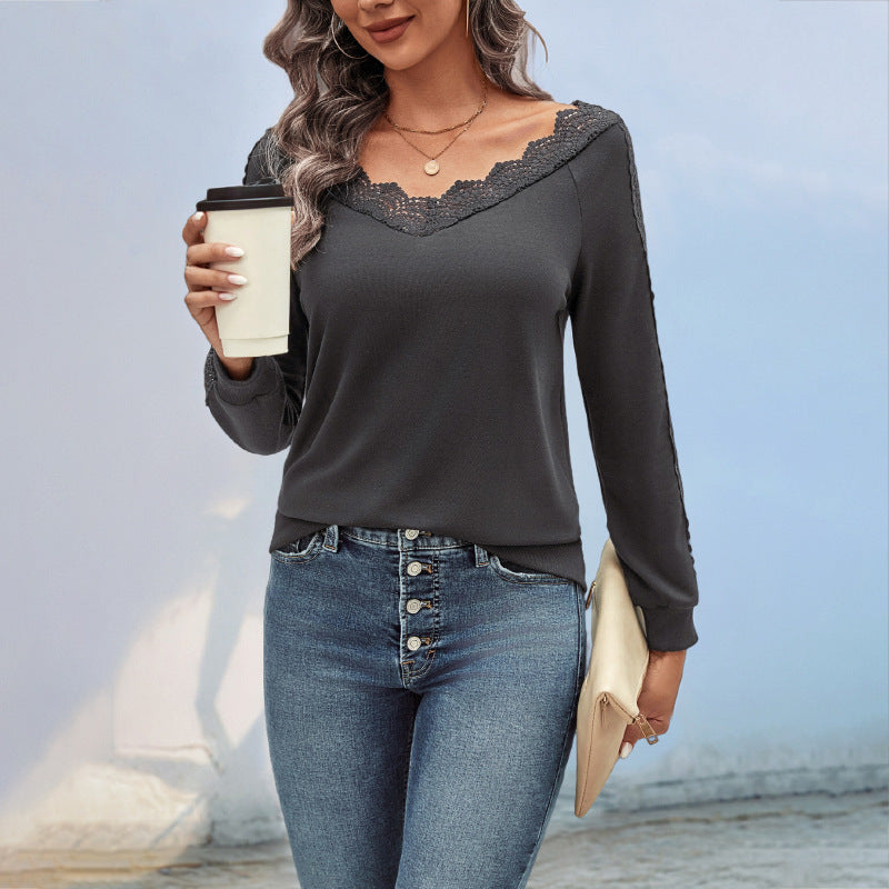 Damen Oberteil Spitzenbesatz Elegant Weiß