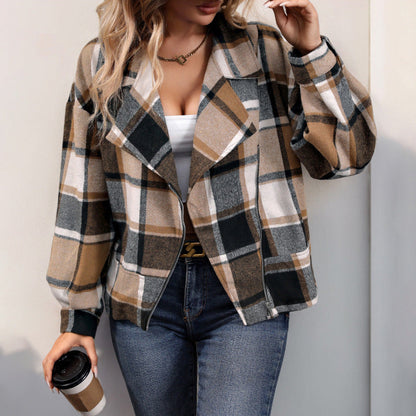 Damen Blazerjacke Kariert Elegant Stehkragen weiß