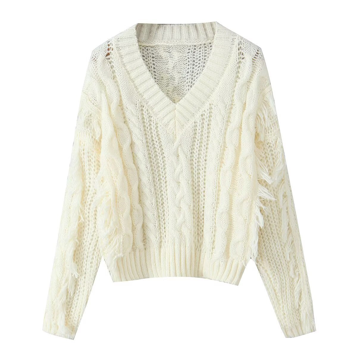Damen Grobstrickpullover V-Ausschnitt Fransen
