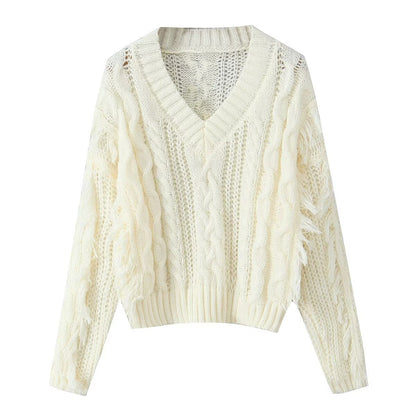 Damen Grobstrickpullover V-Ausschnitt Fransen