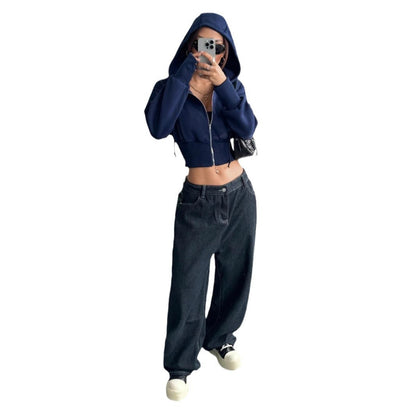 Damen Cropped Kapuzenpullover Reißverschluss Breite Ärmel Anthrazit