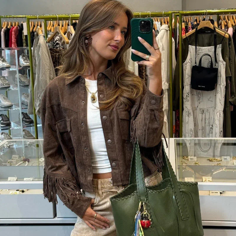 Damen Velourslederjacke mit Fransen