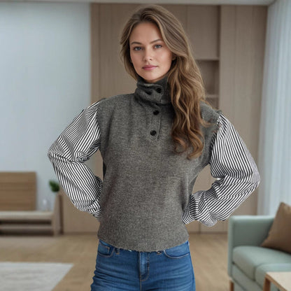 Damen Strickpullover Puffärmel Stehkragen Elegant