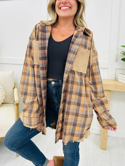 Damen Karo-Hemdjacke Oversized mit Fransen Details Braun