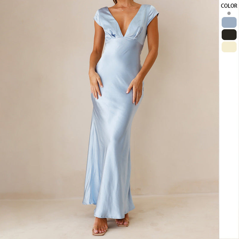 Damen Maxikleid V-Ausschnitt Satin Elegant Schwarz - Eveloria
