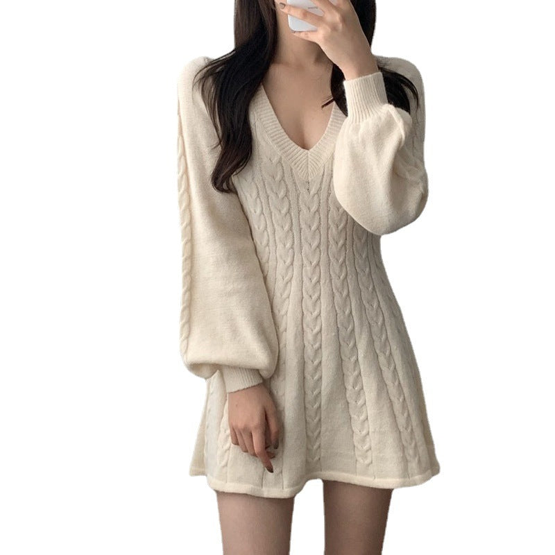Damen Strickkleid Ärmellos V-Ausschnitt Eveloria