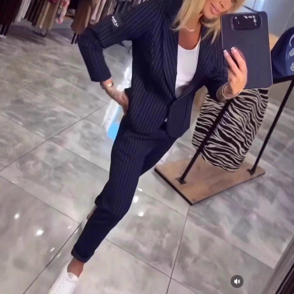 Damen Blazer Ensemble Streifen Tailliert Eveloria