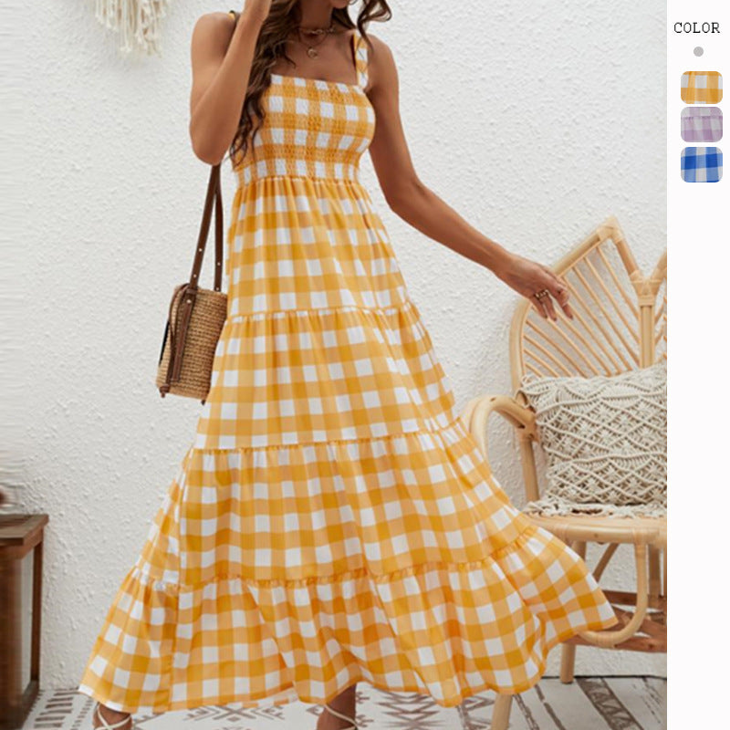 Damen Maxikleid Karomuster Elastisch Luftig - Eveloria