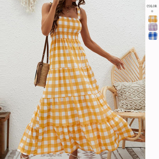 Damen Maxikleid Karomuster Elastisch Luftig - Eveloria