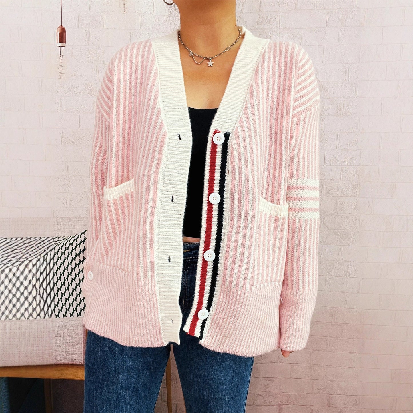 Damen Strickcardigan Gestreift Mit Taschen Knöpfe Beige