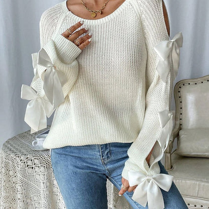 Damen Strickpullover Offene Ärmel Dekorative Schleifen Details