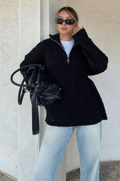 Damen Strickpullover Stehkragen Reißverschluss Grau