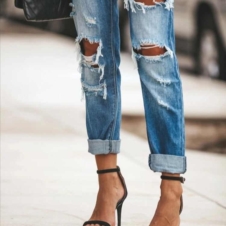 Damen Slimfit Jeans Destroyed Ausfransungen Dunkelblau Eveloria