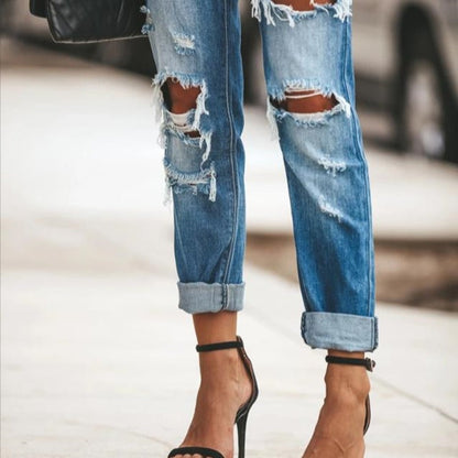 Damen Slimfit Jeans Destroyed Ausfransungen Dunkelblau Eveloria