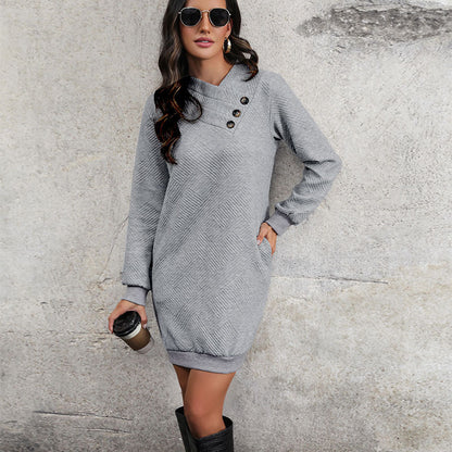Damen Sweatkleid Strukturiertes Muster Dekorative Knöpfe Grau