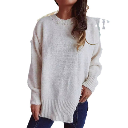 Damen Pullover Kuschelfaser Filigrane Perlenverzierung Anthrazit