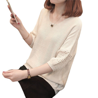 Damen Strickpullover Luftiger Häkelärmel Beige
