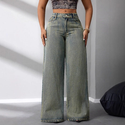 Damen High-Waist Jeans Vintage-Stil Weite Bein Lässig Blau - Eveloria