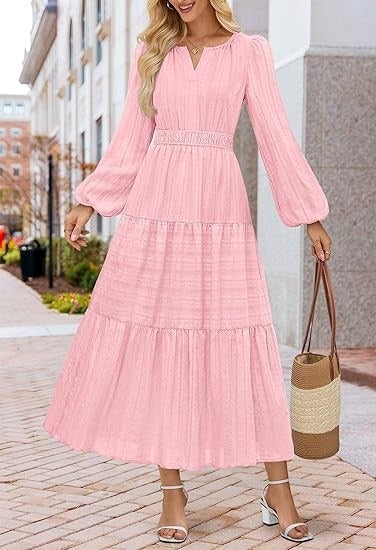 Damen Maxikleid mit Puffärmeln und Smoktaillen Elegant
