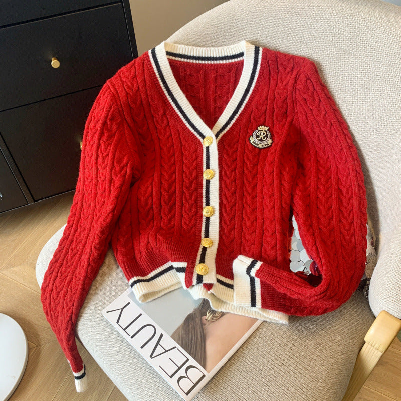 Damen Grobstrick-Cardigan Streifenmuster mit Knöpfen
