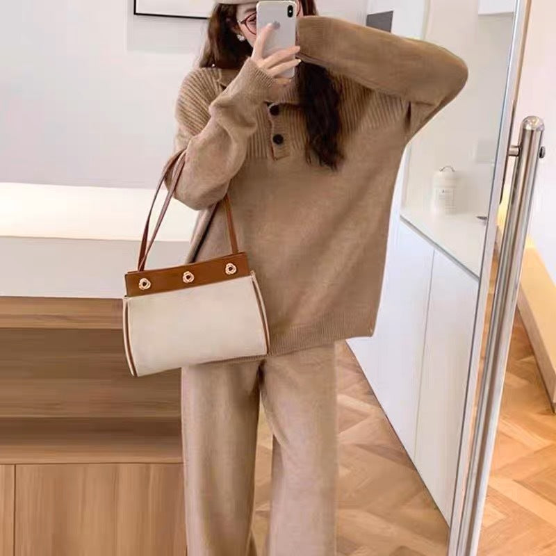 Damen Strickanzug Weite Passform Dekorative Knöpfe Beige