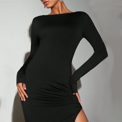 Damen Maxikleid Langarm Elegant Schlitz Eveloria