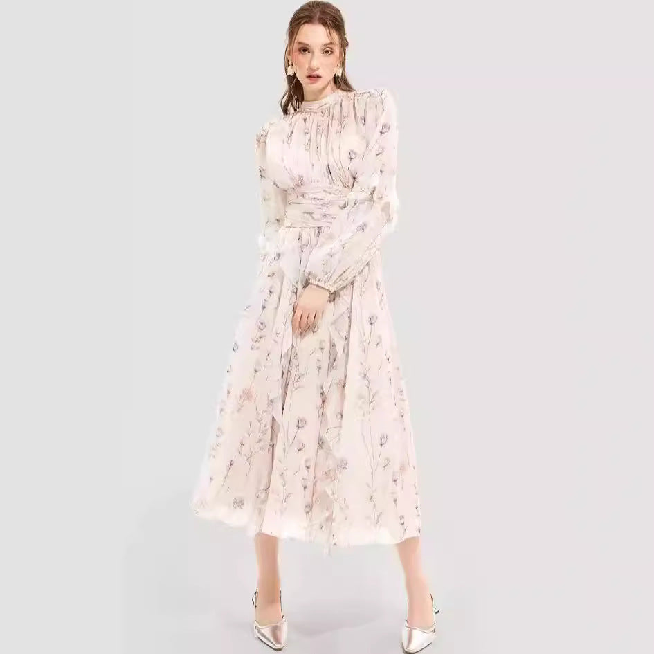 Damen Midi-Kleid Florale Stickerei Rüschensaum Eveloria
