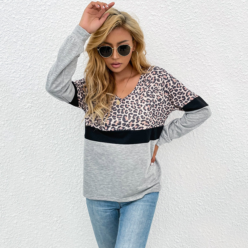 Damen Pullover Lässig Kontrast Leo-Print Eveloria