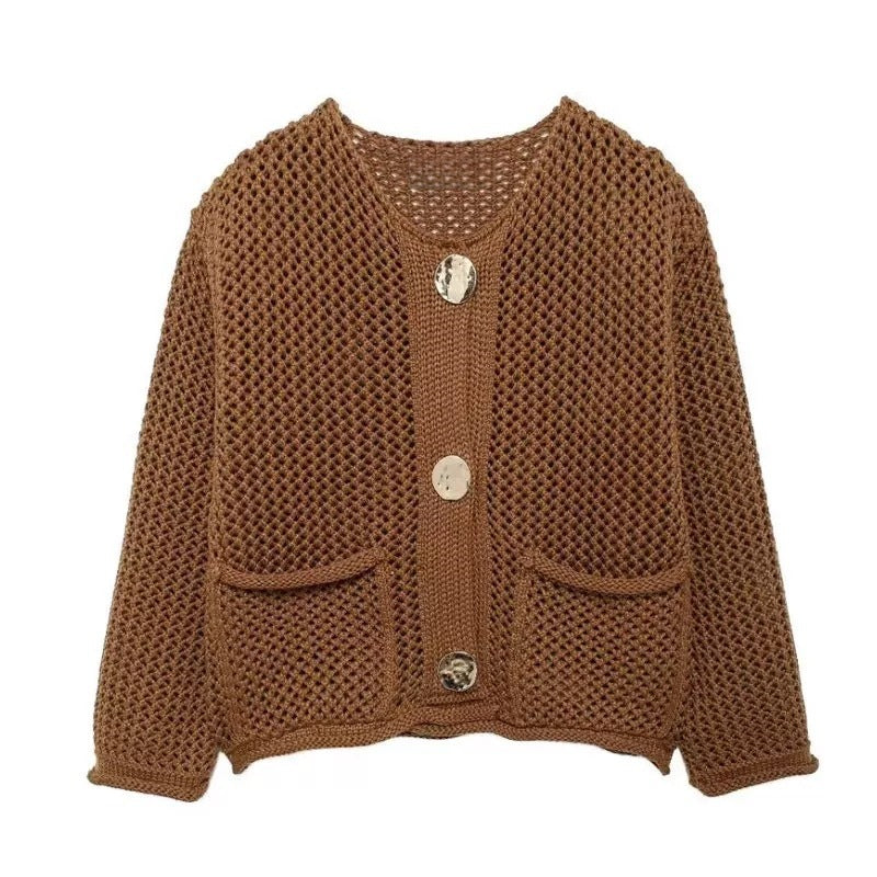Damen Netzstrickjacke mit Taschen und Knöpfen Eveloria