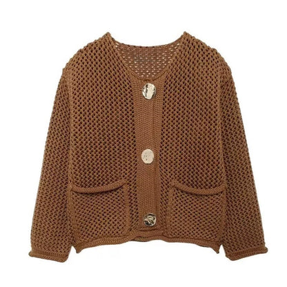 Damen Netzstrickjacke mit Taschen und Knöpfen Eveloria