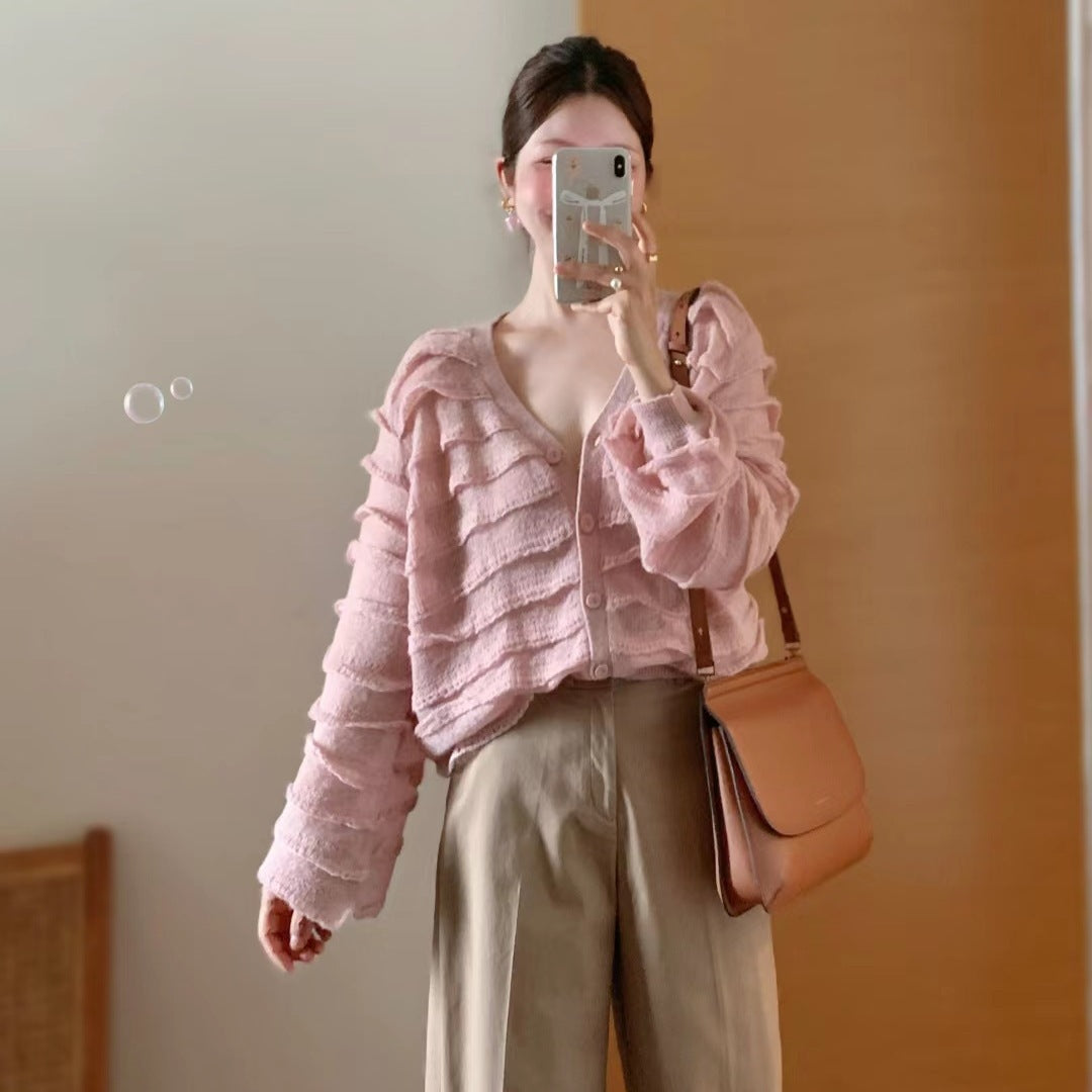 Damen Strickjacke Voluminöse Rüschendetails Rosa - Eveloria