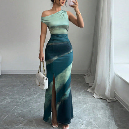 Damen Maxikleid Asymmetrisch Schulterdesign Hochschlitz