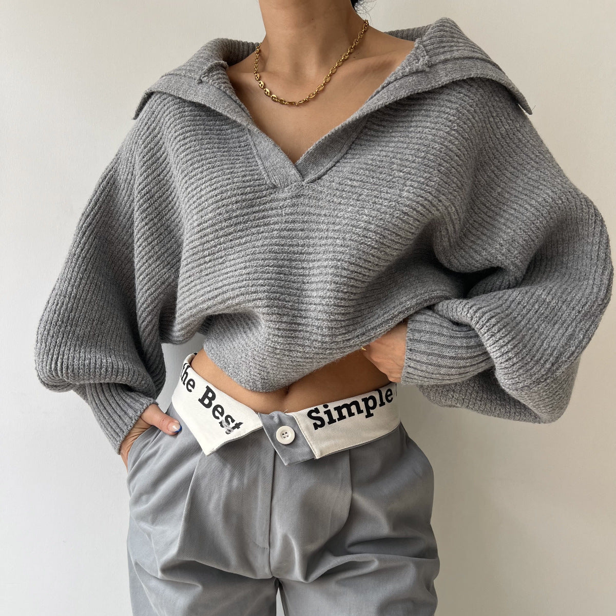 Damen Cropped Pullover Hochärmelig aus Kaschmir grau