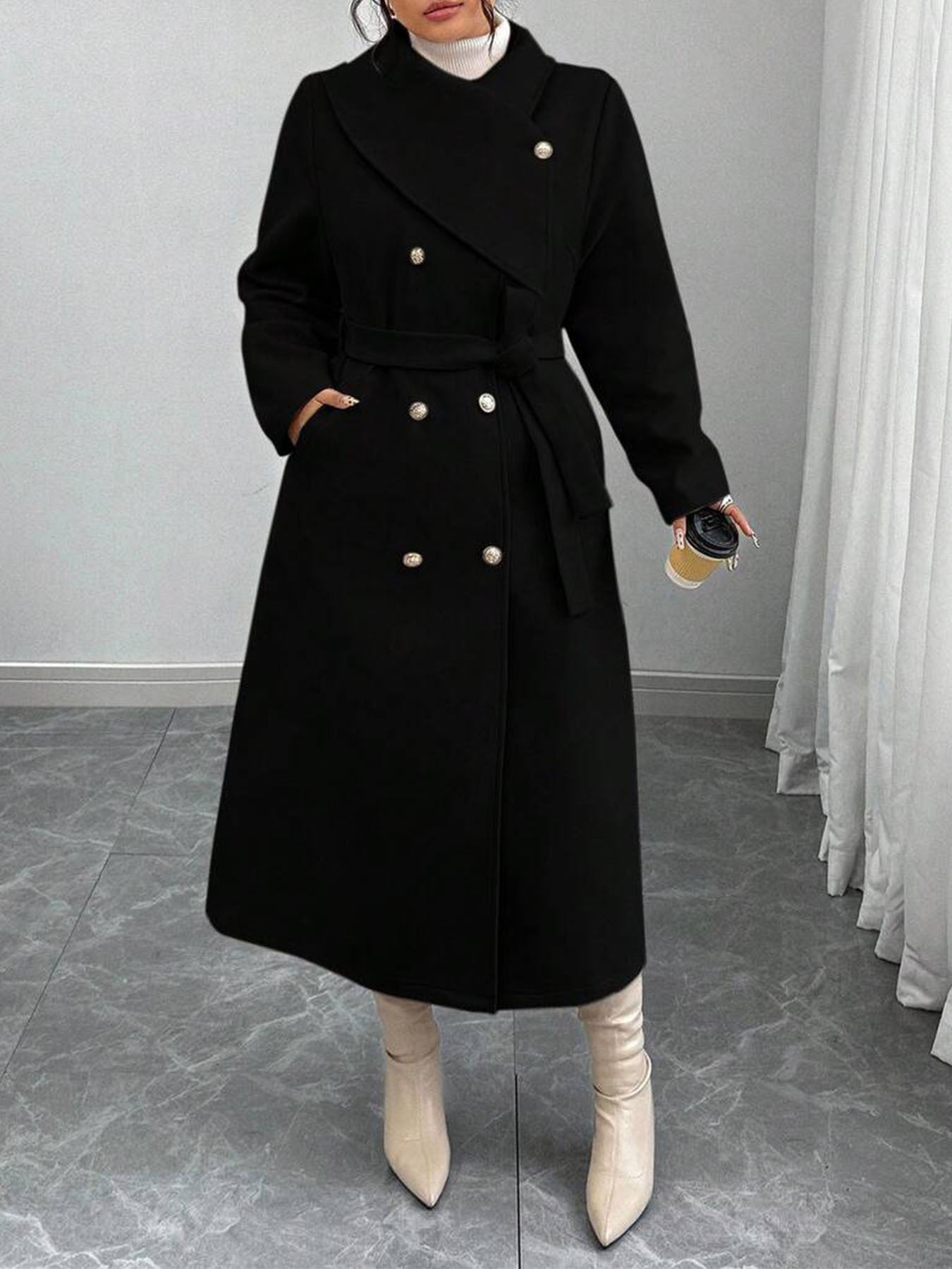 Damen Wollmantel Elegant Doppelter Knopfleiste Gürtel Eveloria