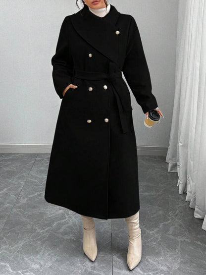 Damen Wollmantel Elegant Doppelter Knopfleiste Gürtel Eveloria