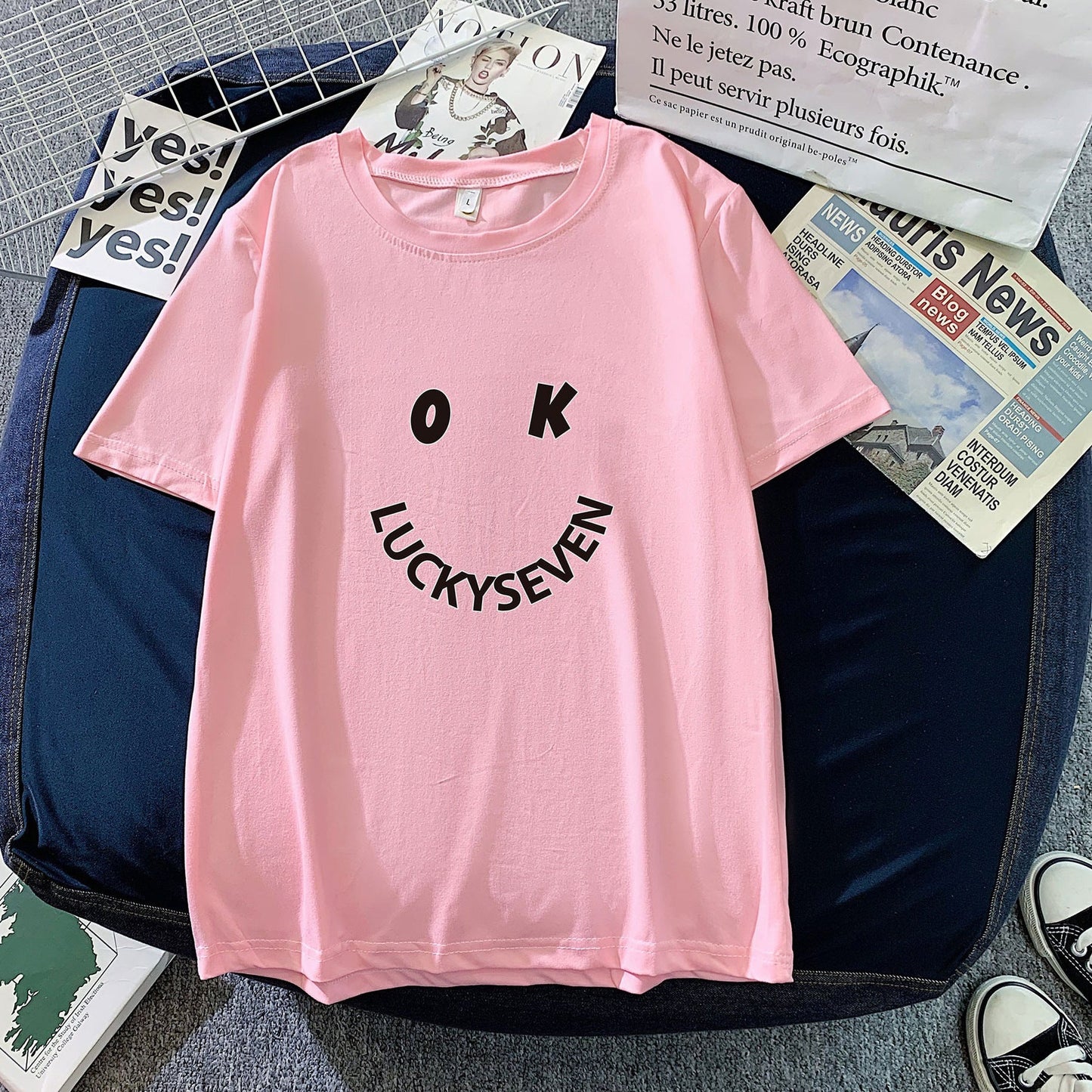 Damen T-Shirt Baumwolle Lässig Smiley-Print Weiß