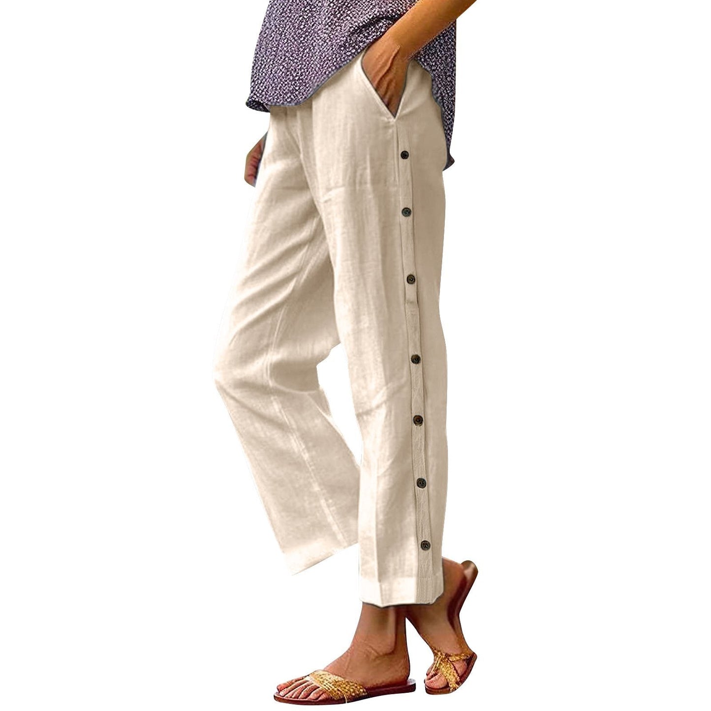 Damen Leinenhose Bequem Knöpfe Anthrazit