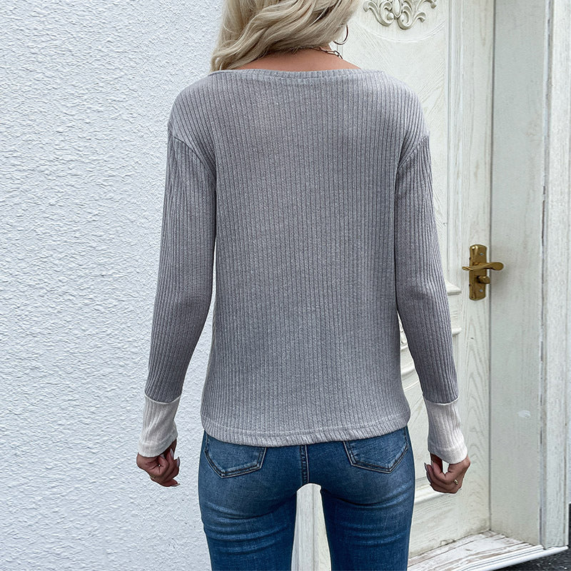 Damen Langarmshirt Gemustert V-Ausschnitt Taschen Eveloria