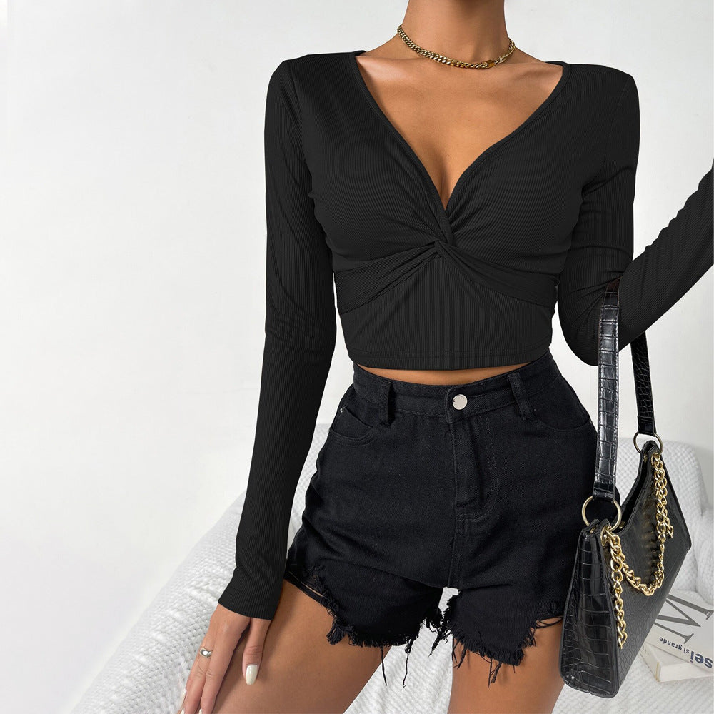 Damen Cropped Langarmshirt mit Knotendetail Weiss