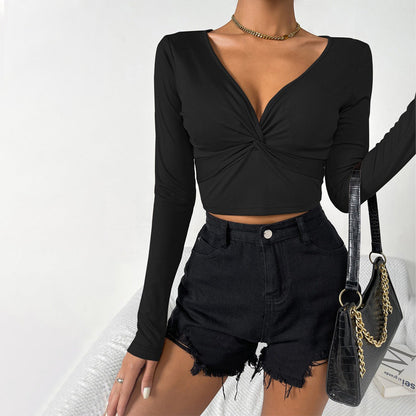 Damen Cropped Langarmshirt mit Knotendetail Weiss