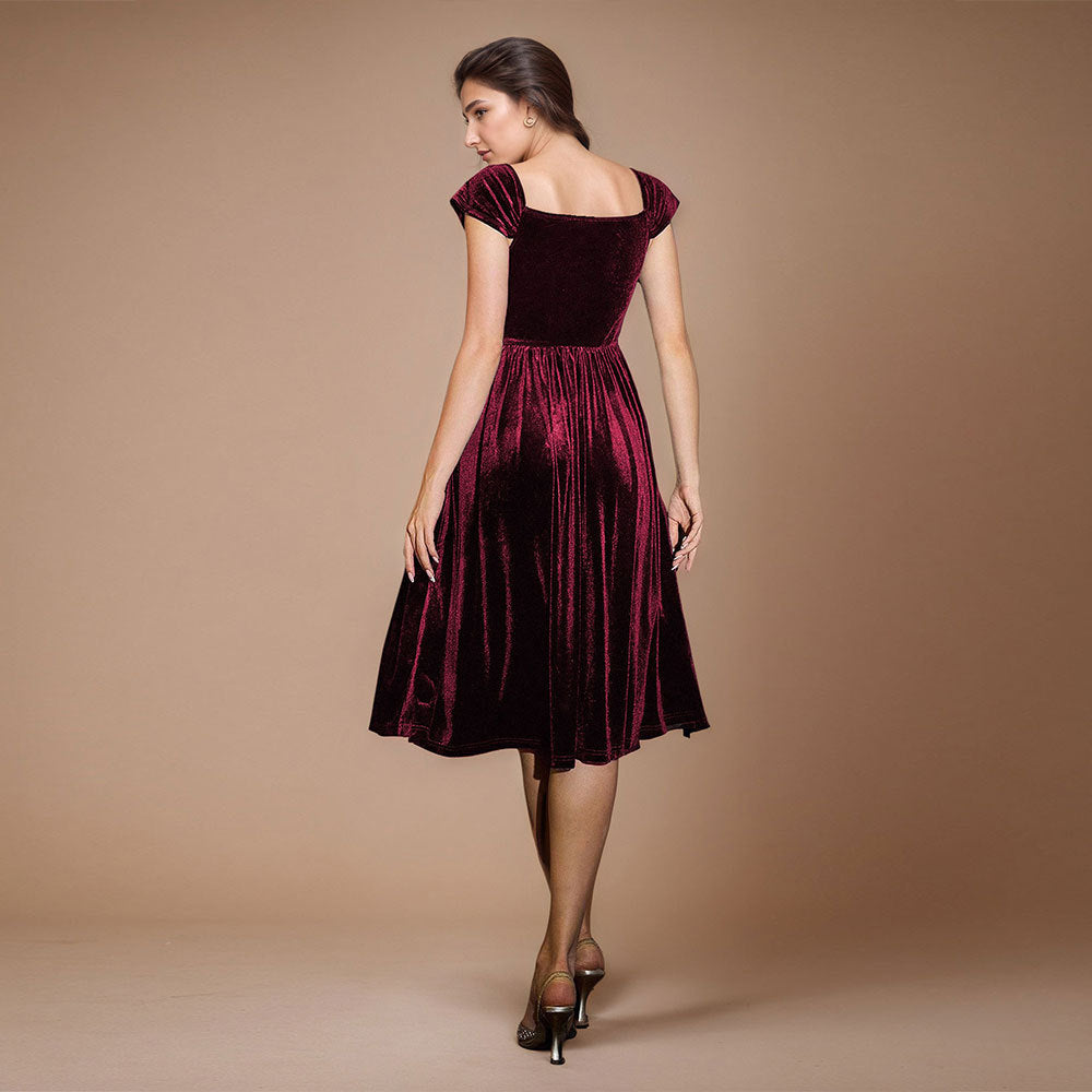 Damen Samt-Kleid Midi tiefes V-Neck elegante Taille