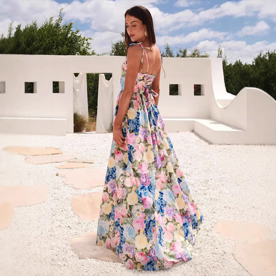 Damen Maxi-Kleid Langarm Floralmuster Rüschendetails - Eveloria
