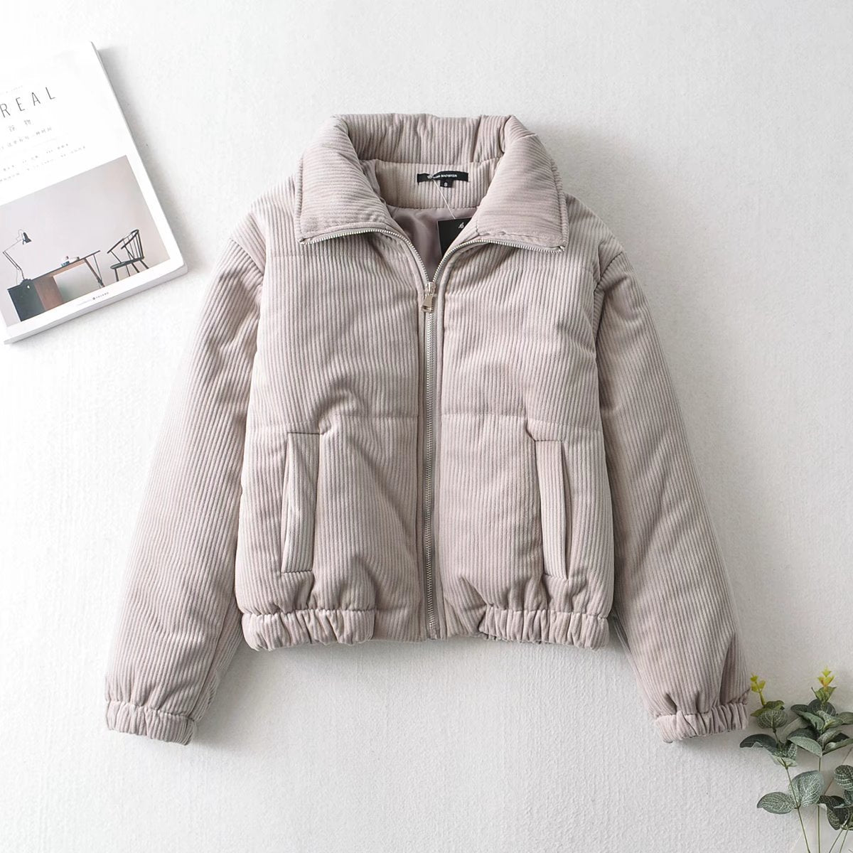 Damen Cordjacke Hochkragen Elastisch Braun