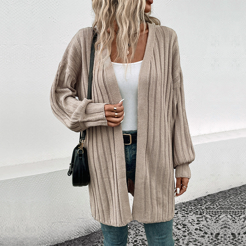 Damen Strickjacke Rippenmuster Locker Schnitt Beige