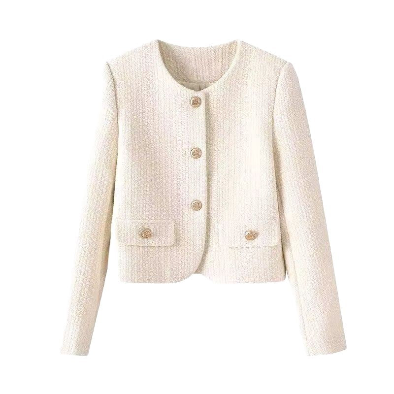 Damen Kurzjacke Tweed-Stil Goldknöpfe Eveloria