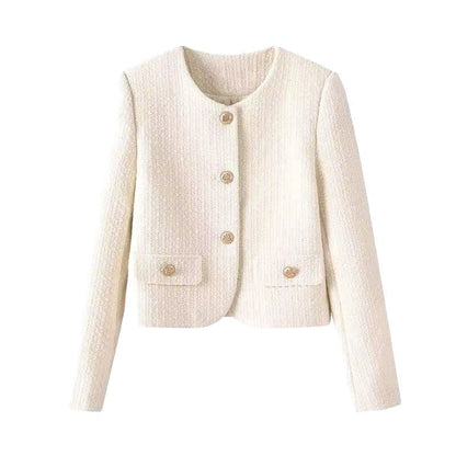 Damen Kurzjacke Tweed-Stil Goldknöpfe Eveloria
